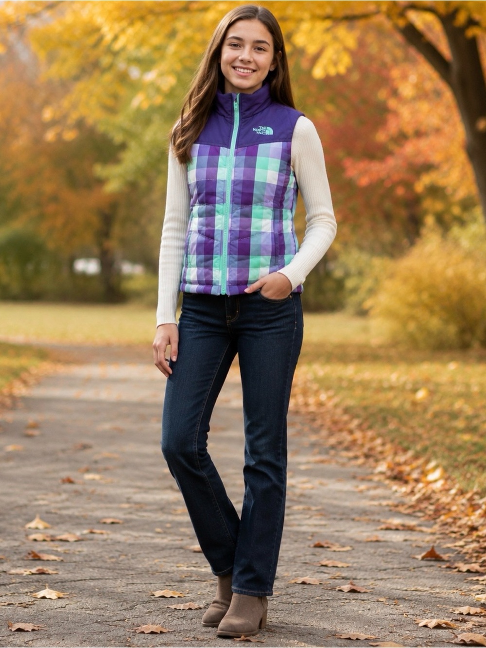 The North Face Girls Purple Plaid Insulated Vest Youth Size Size 7/8 Girl